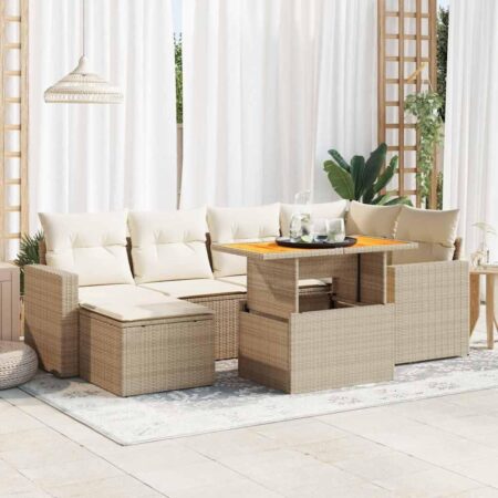 Havesofasæt i polyrattan - 7 dele med hynder og hæve/sænke-bord, beige