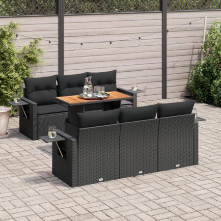 Havesofasæt i polyrattan - 7 dele med hynder og løftbart bord, sort