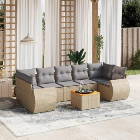 Havesofasæt i polyrattan - 8 dele med hynder og bord, beige
