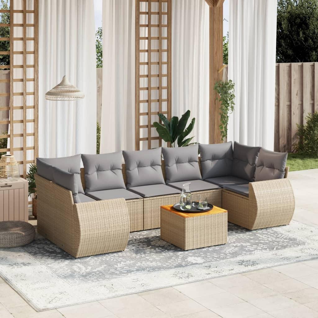 Havesofasæt i polyrattan - 8 dele med hynder og bord, beige Havesofasæt i polyrattan - 8 dele med hynder og bord, beige