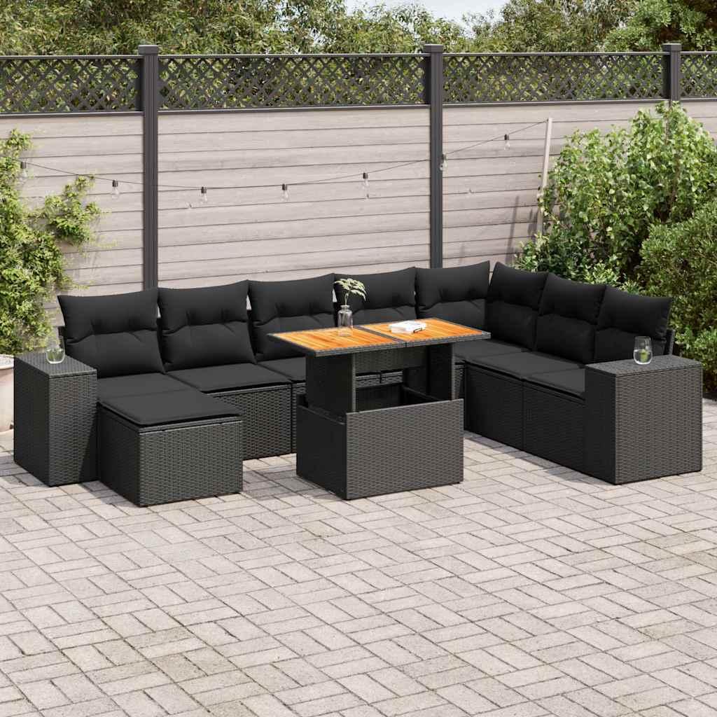 Havesofasæt i polyrattan med akacietræs-bord, 9 dele - sort Havesofasæt i polyrattan med akacietræs-bord, 9 dele - sort
