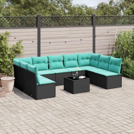 Havesofasæt i sort polyrattan med 10 blå hynder - modulært hjørnesæt med bord