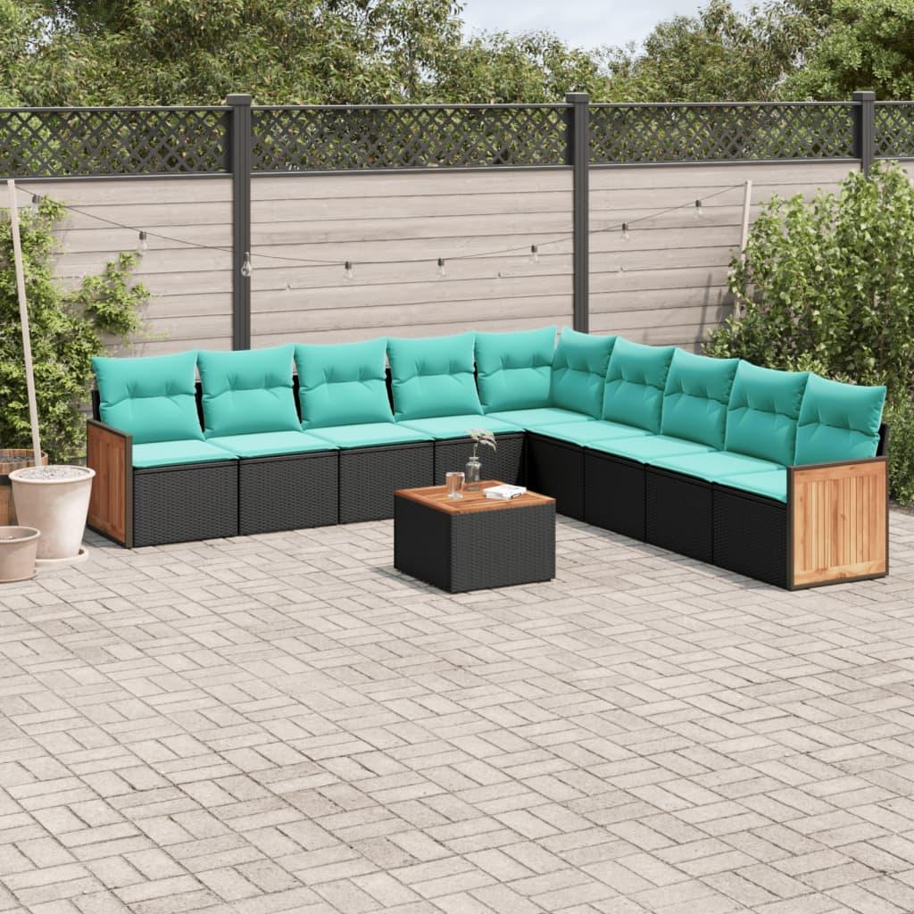 Havesofasæt i sort polyrattan med 10 blå hynder - modulært hjørnesæt og bord Havesofasæt i sort polyrattan med 10 blå hynder - modulært hjørnesæt og bord