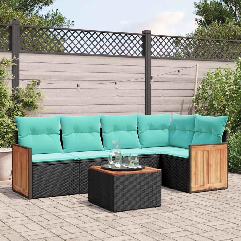 Havesofasæt i sort polyrattan med 6 blå hynder - modulært hjørnesæt med bord Havesofasæt i sort polyrattan med 6 blå hynder - modulært hjørnesæt med bord