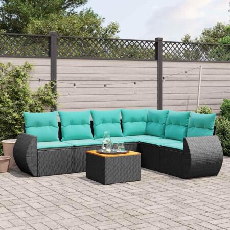 Havesofasæt i sort polyrattan med 7 blå hynder - modulært hjørnesæt og bord med akacietræ