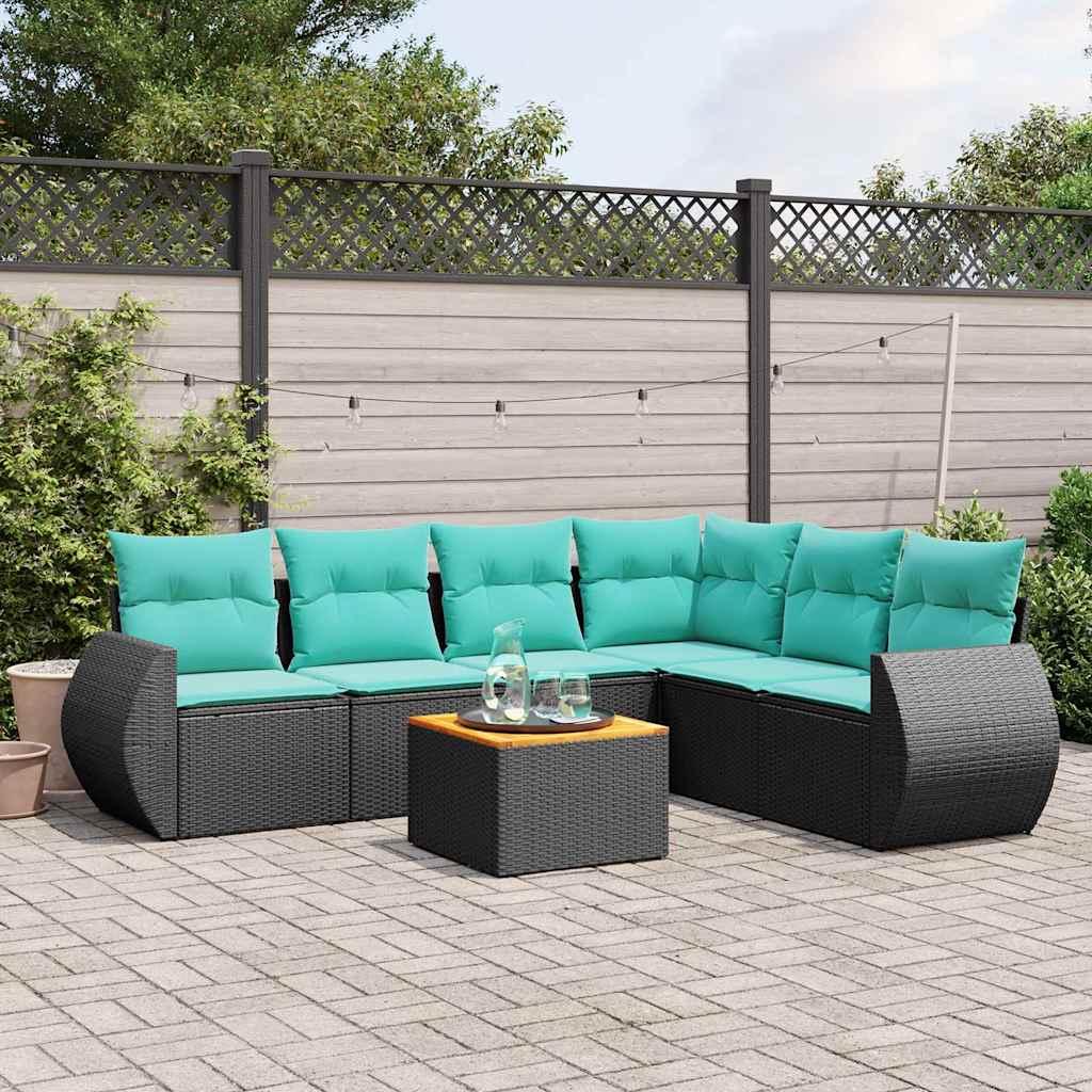 Havesofasæt i sort polyrattan med 7 blå hynder - modulært hjørnesæt og bord med akacietræ Havesofasæt i sort polyrattan med 7 blå hynder - modulært hjørnesæt og bord med akacietræ