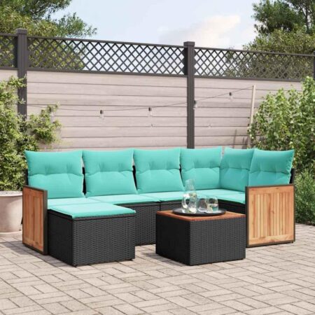 Havesofasæt i sort polyrattan med 7 blå hynder - modulopbygget hjørnesofa og bord