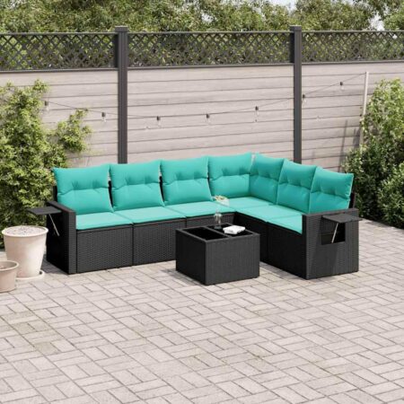 Havesofasæt i sort polyrattan med 7 blå hynder og bord
