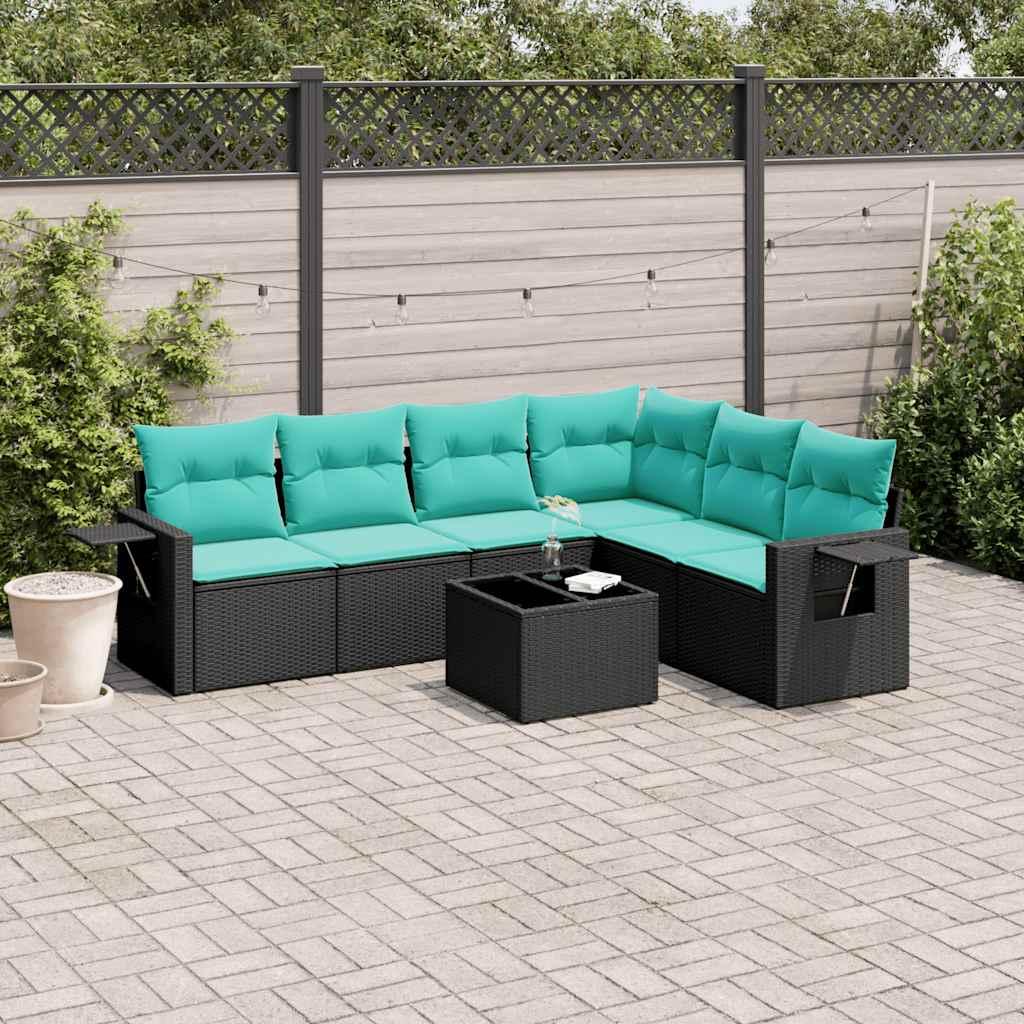 Havesofasæt i sort polyrattan med 7 blå hynder og bord Havesofasæt i sort polyrattan med 7 blå hynder og bord