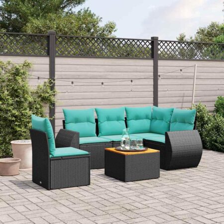 Havesofasæt i sort polyrattan med akacietræs-bord - 6 blå hynder