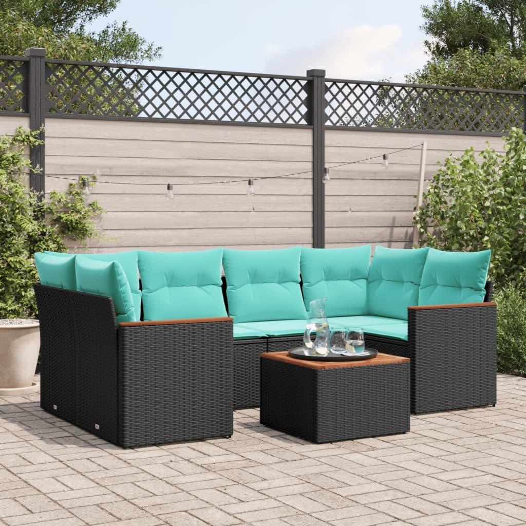 Havesofasæt i sort polyrattan med akacietræs-bord - 7 hynder, modulopbygget Havesofasæt i sort polyrattan med akacietræs-bord - 7 hynder, modulopbygget