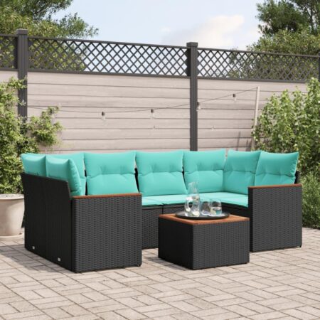 Havesofasæt i sort polyrattan med akacietræs-bord - 7 hynder, modulopbygget