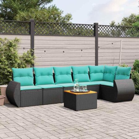 Havesofasæt i sort polyrattan med bord og 7 blå hynder