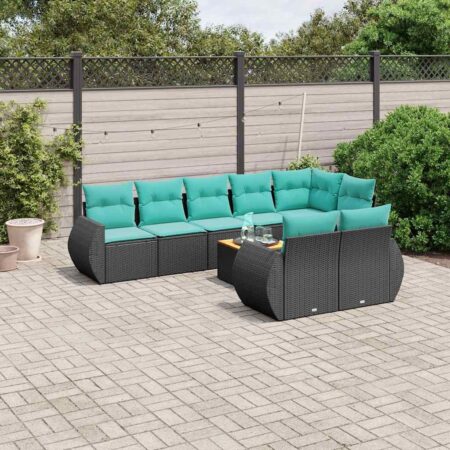 Havesofasæt i sort polyrattan med bord og blå hynder - 9 dele, modulopbygget