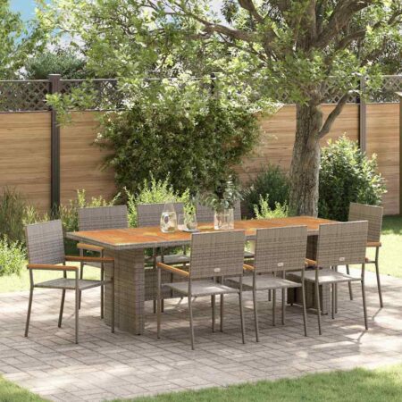 Havespisebordssæt i grå polyrattan - 10 stole, stort bord 240 × 90 cm