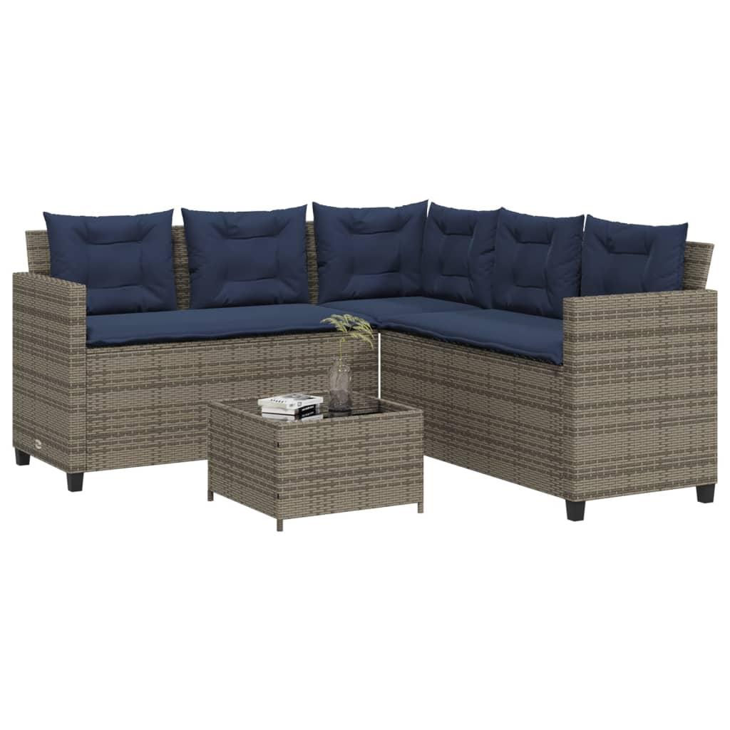 L-formet havesofa med bord og hynder i grå polyrattan L-formet havesofa med bord og hynder i grå polyrattan