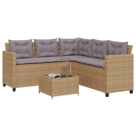 L-formet havesofa med bord og hynder i polyrattan - beige