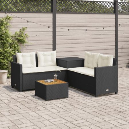 L-formet havesofa med bord og hynder i sort polyrattan - 4-personers