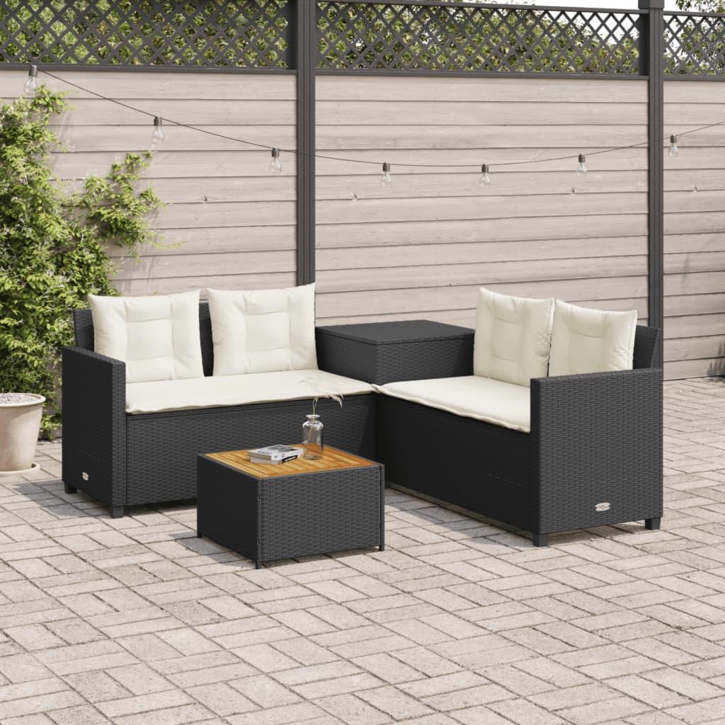 L-formet havesofa med bord og hynder i sort polyrattan - 4-personers L-formet havesofa med bord og hynder i sort polyrattan - 4-personers