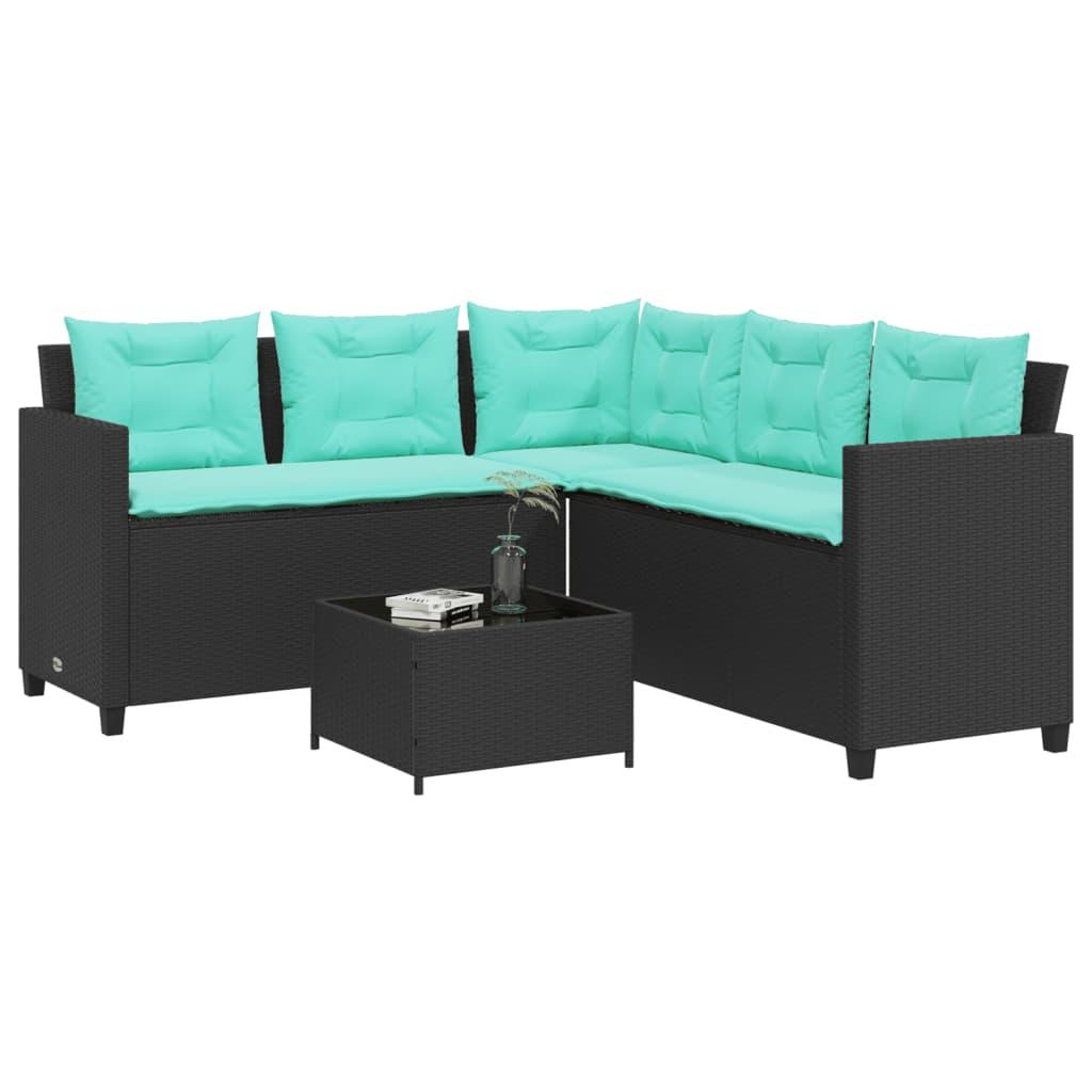 L-formet havesofa med bord og hynder i sort polyrattan - blå hynder L-formet havesofa med bord og hynder i sort polyrattan - blå hynder