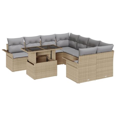 Modul havesofa-sæt i beige polyrattan med puder - 9 dele og højdejusterbart bord