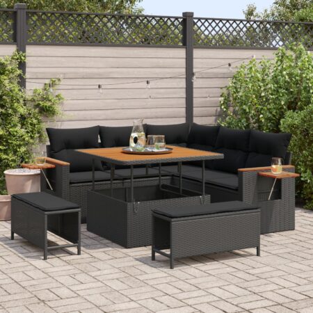 Modul havesofa sæt i sort polyrattan - 9 dele med bord og puder