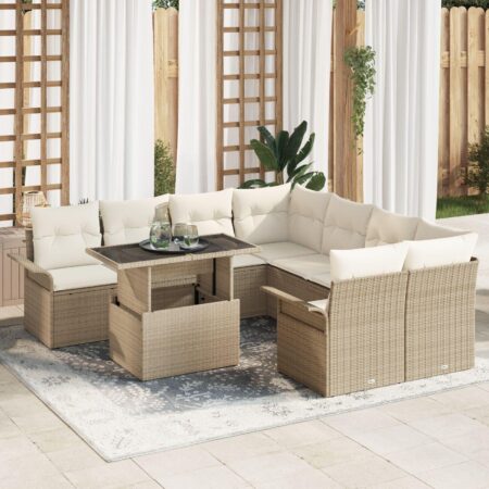 Modul havesofa sæt med puder, 9 dele - beige polyrattan og akacietræ, justerbart bord