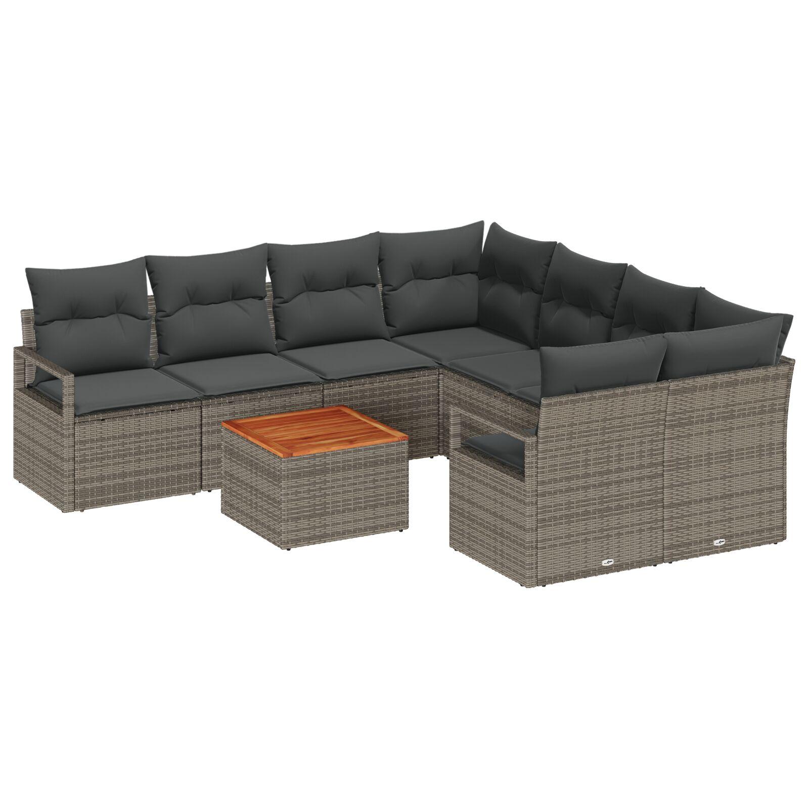 Modulær havesofa - 9 dele i grå polyrattan med puder og bord Modulær havesofa - 9 dele i grå polyrattan med puder og bord