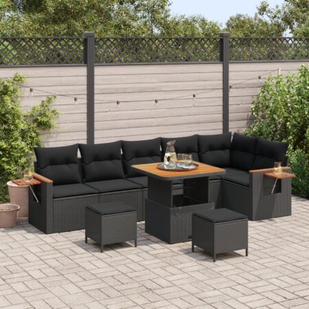 Modulær havesofa i sort polyrattan - 11 dele med puder og bord