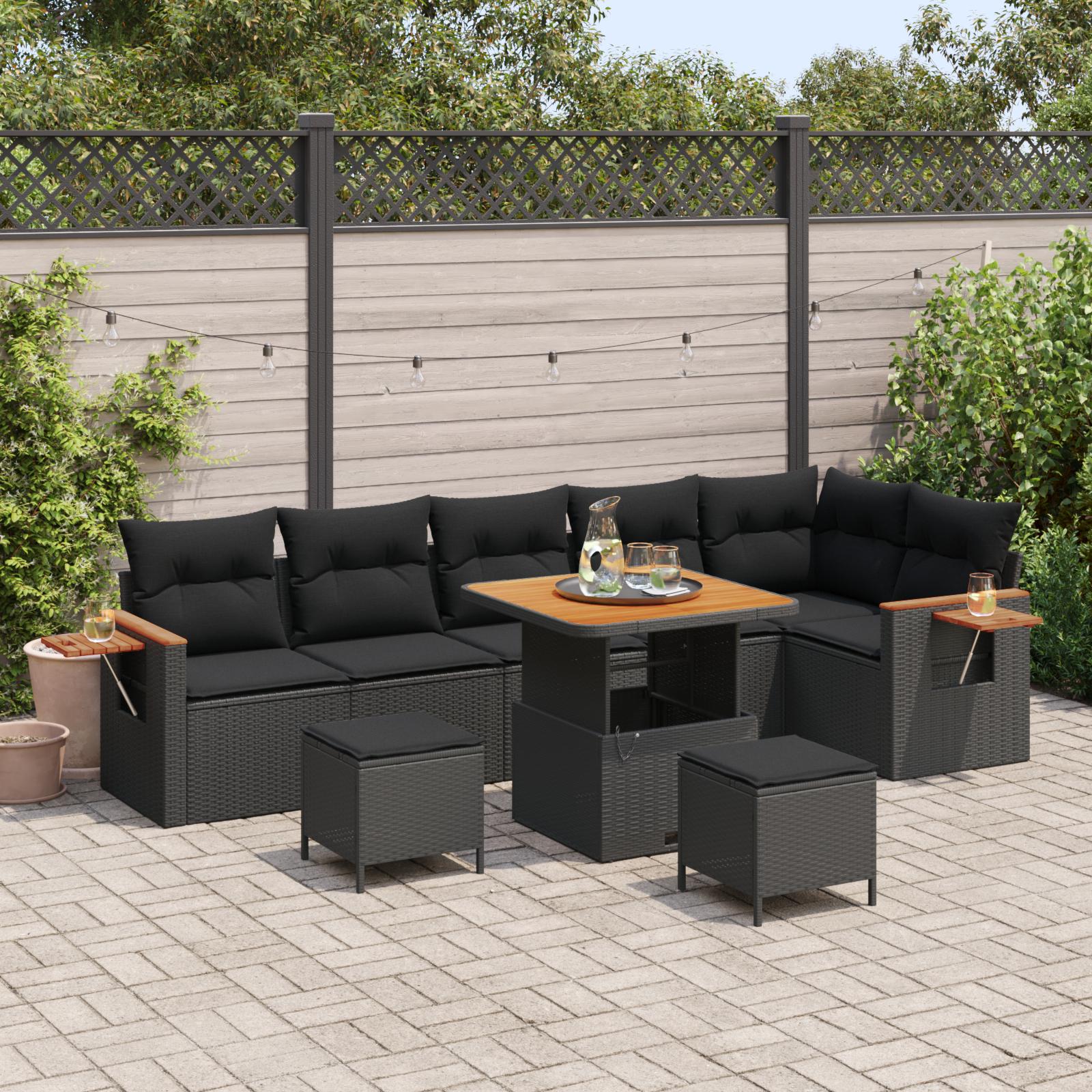 Modulær havesofa i sort polyrattan - 11 dele med puder og bord Modulær havesofa i sort polyrattan - 11 dele med puder og bord