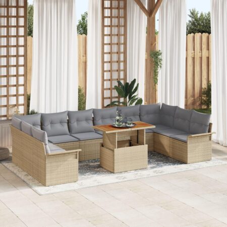 Modulær havesofa med 11 dele - beige/lysegrå polyrattan og akacietræ, højdejusterbart bord