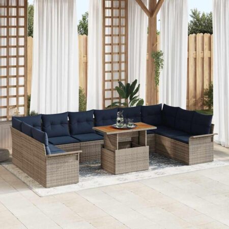 Modulær havesofa med bord, 11 dele - grå/marineblå polyrattan