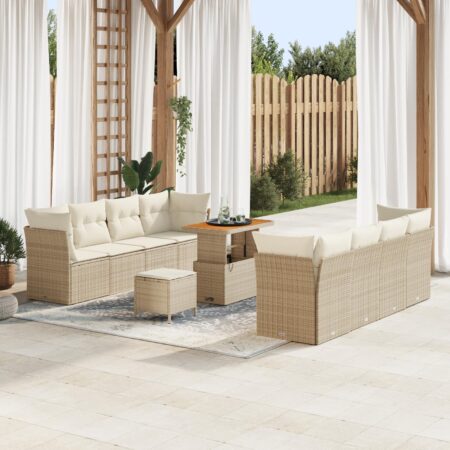 Modulært havesofa-sæt i beige/creme polyrattan - 11 dele med højdejusterbart bord