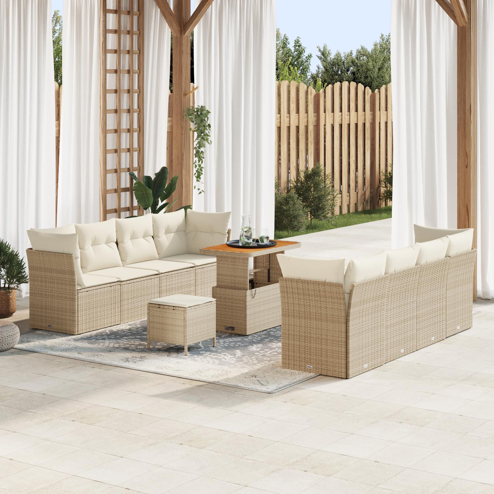 Modulært havesofa-sæt i beige/creme polyrattan - 11 dele med højdejusterbart bord Modulært havesofa-sæt i beige/creme polyrattan - 11 dele med højdejusterbart bord