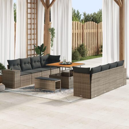 Modulært havesofa-sæt i grå polyrattan med puder - 11 dele og hæve/sænke-bord