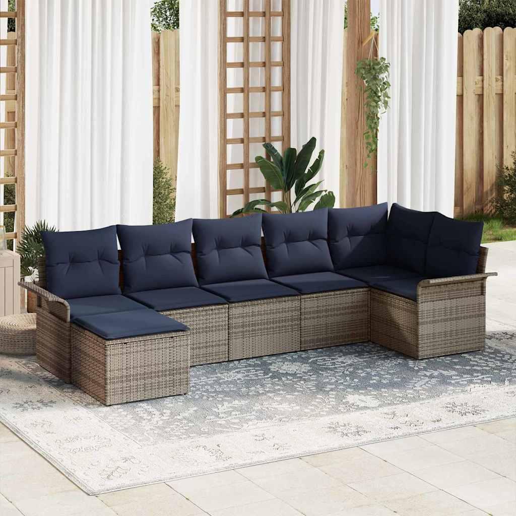 Modulært havesofa-sæt i grå polyrattan med puder - 7 pladser og højdejusterbart bord Modulært havesofa-sæt i grå polyrattan med puder - 7 pladser og højdejusterbart bord