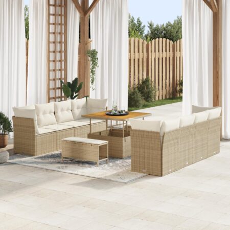Modulært havesofa sæt i polyrattan - 11 dele, beige/creme, højdejusterbart bord