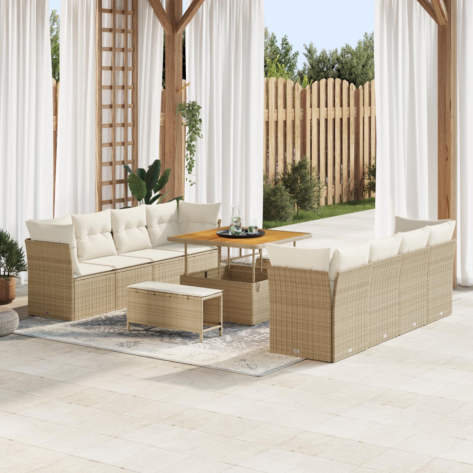 Modulært havesofa sæt i polyrattan - 11 dele, beige/creme, højdejusterbart bord Modulært havesofa sæt i polyrattan - 11 dele, beige/creme, højdejusterbart bord