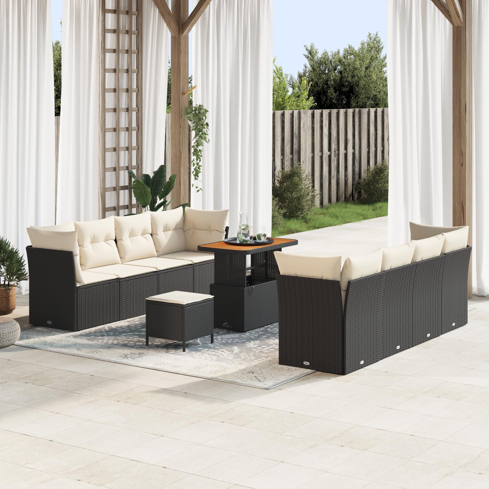 Modulært havesofa-sæt i polyrattan - sort/cream, 11 dele med højdejusterbart bord Modulært havesofa-sæt i polyrattan - sort/cream, 11 dele med højdejusterbart bord