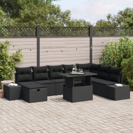 Modulært havesofa sæt i sort polyrattan - 9 dele med højdejusterbart bord
