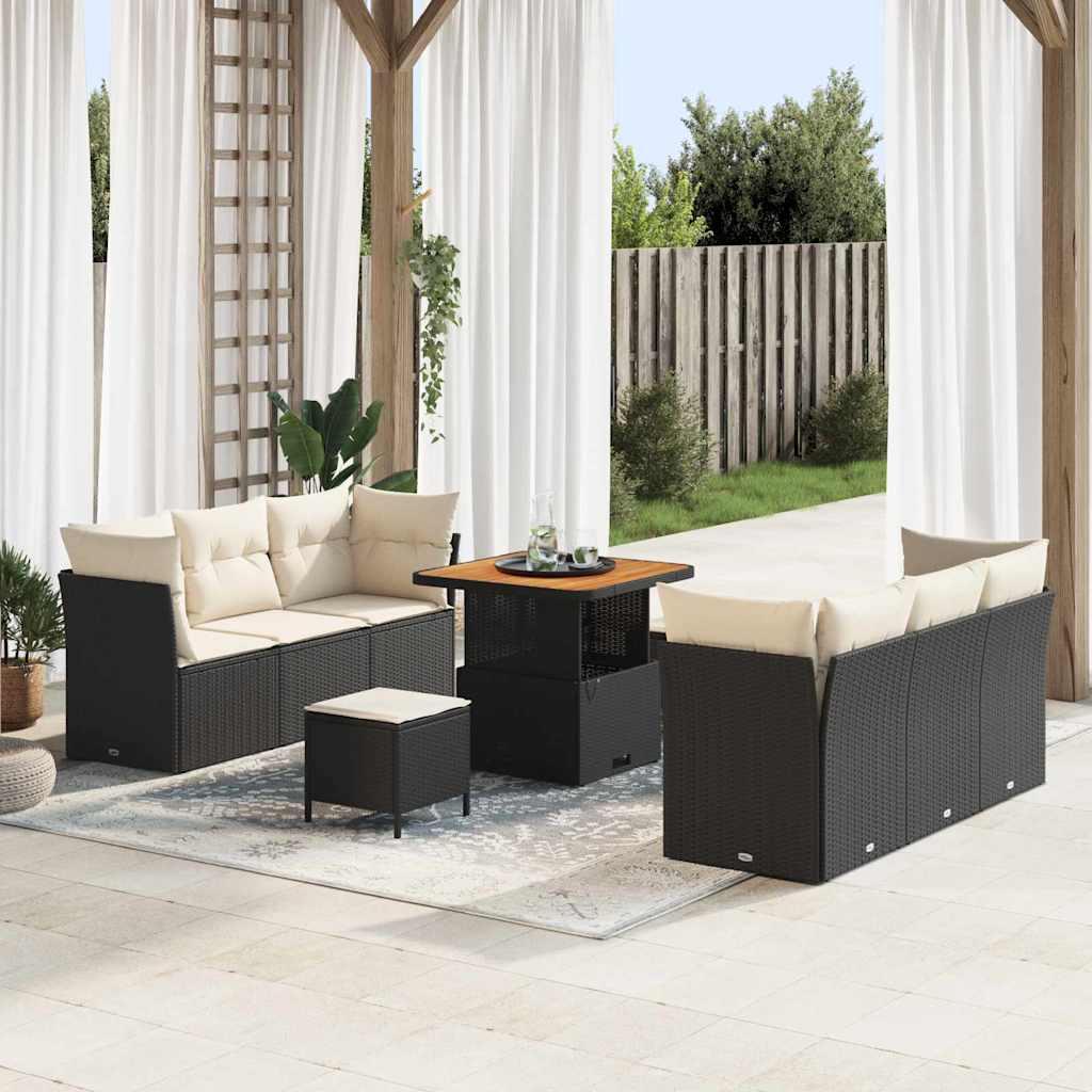 Modulært havesofa-sæt i sort polyrattan - 9 dele med højdejusterbart bord Modulært havesofa-sæt i sort polyrattan - 9 dele med højdejusterbart bord