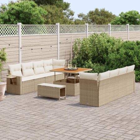 Modulært havesofa-sæt med opbevaring - 11 dele, beige polyrattan og akacietræ, justerbart bord