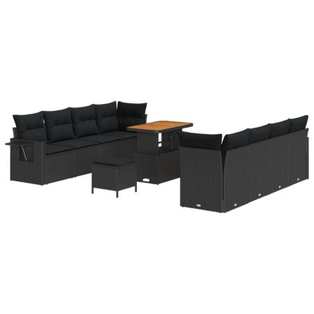 Modulært havesofa-sæt med puder, 11 dele - sort polyrattan og akacietræ, justerbart bord