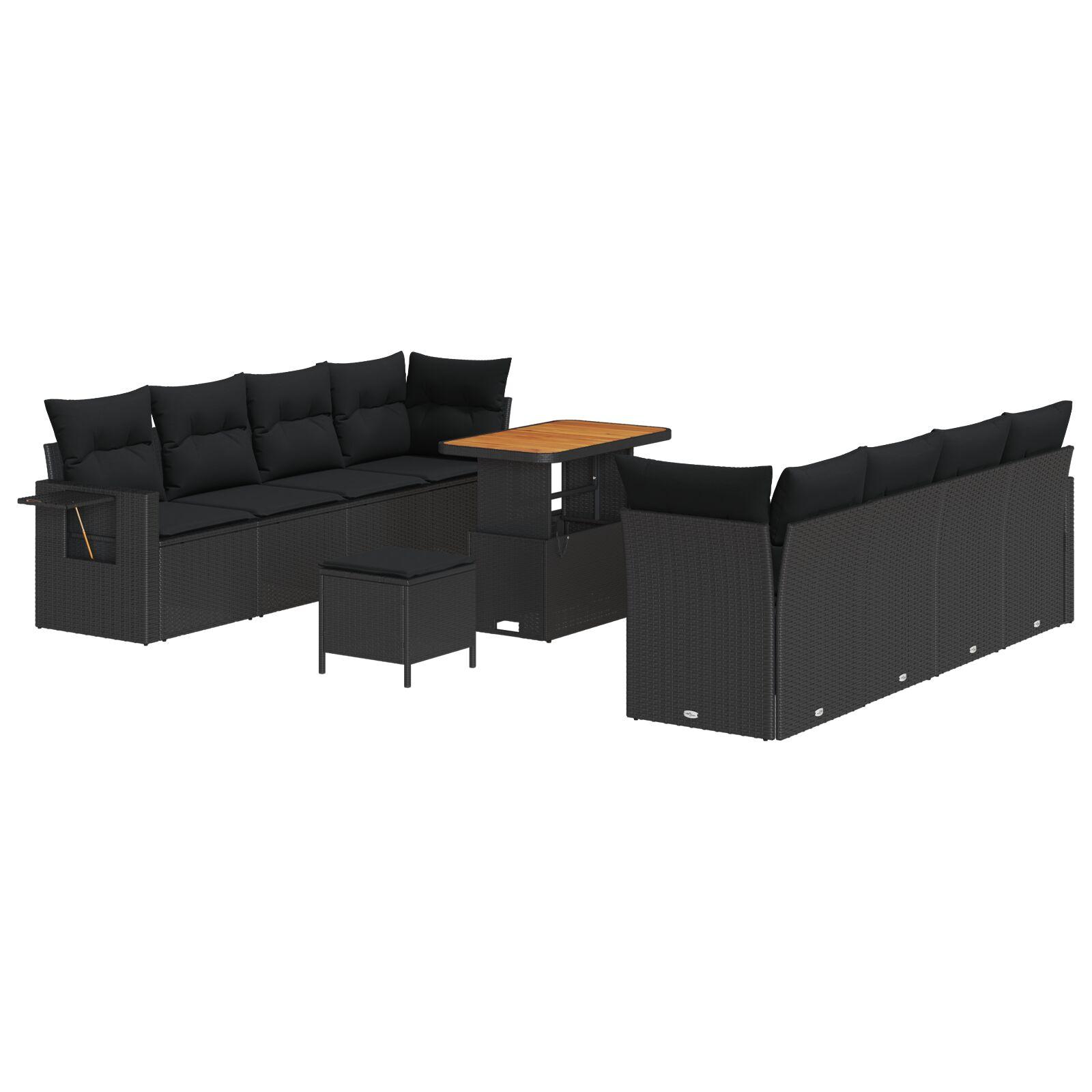 Modulært havesofa-sæt med puder, 11 dele - sort polyrattan og akacietræ, justerbart bord Modulært havesofa-sæt med puder, 11 dele - sort polyrattan og akacietræ, justerbart bord