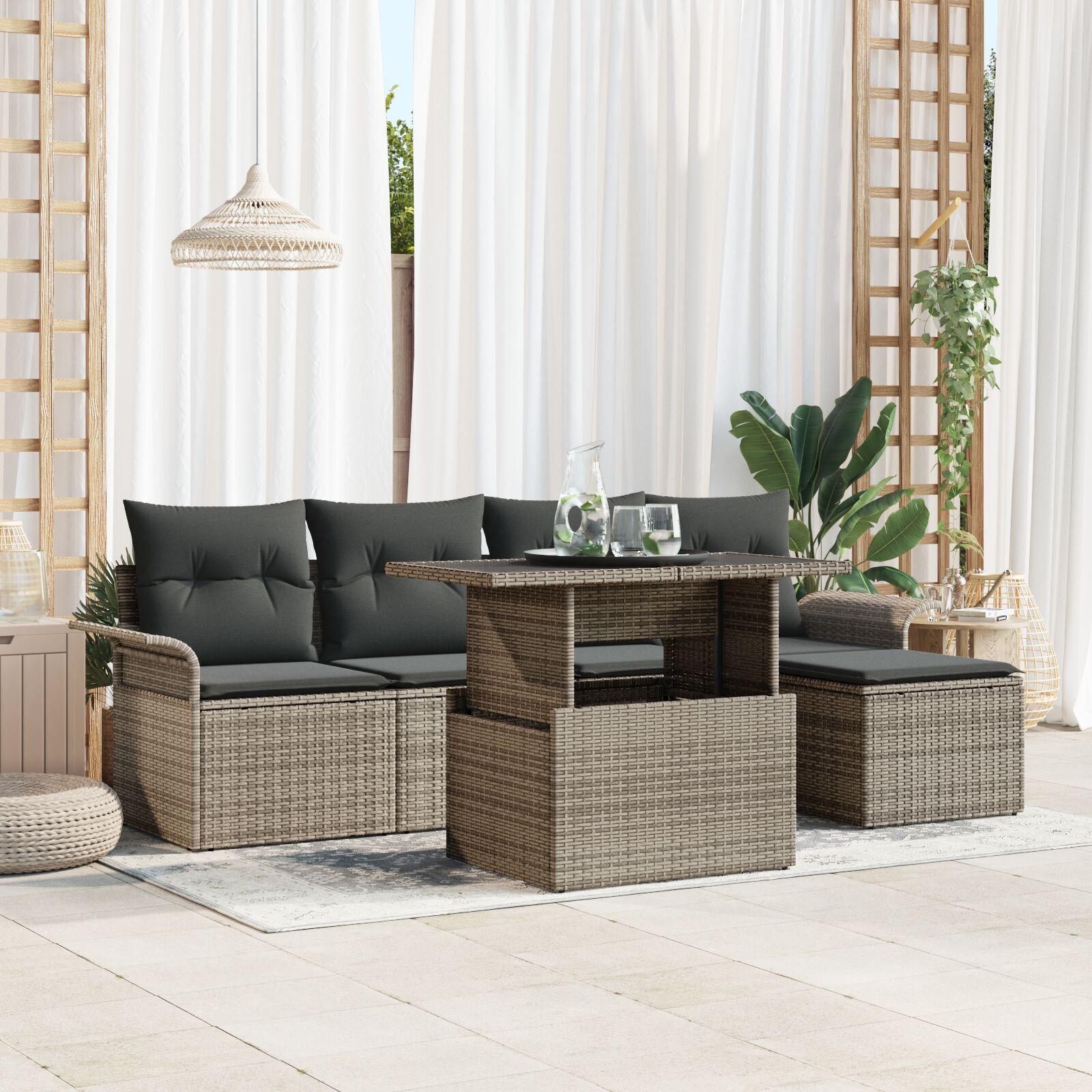 Modulært havesofa-sæt med puder, 6 dele - grå polyrattan og akacietræ, højdejusterbart bord Modulært havesofa-sæt med puder, 6 dele - grå polyrattan og akacietræ, højdejusterbart bord
