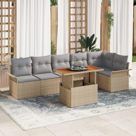 Modulært havesofa sæt med puder - 7 dele i beige/lys grå polyrattan, højdejusterbart bord
