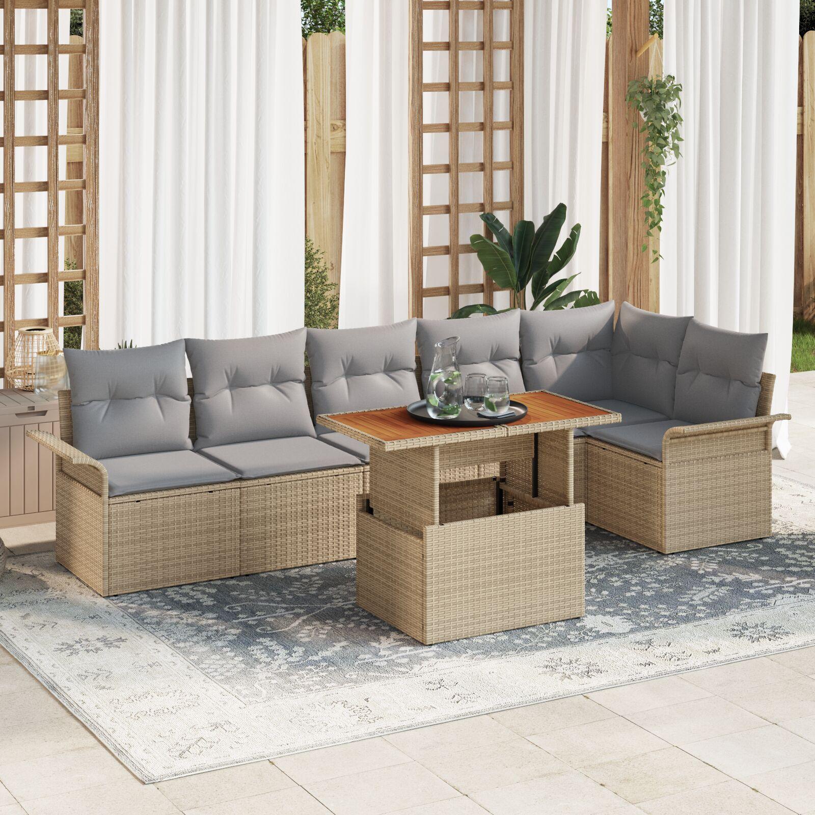 Modulært havesofa sæt med puder - 7 dele i beige/lys grå polyrattan, højdejusterbart bord Modulært havesofa sæt med puder - 7 dele i beige/lys grå polyrattan, højdejusterbart bord