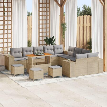 Modulært havesofasæt i beige/lysegrå polyrattan - 13 dele med højdejusterbart bord