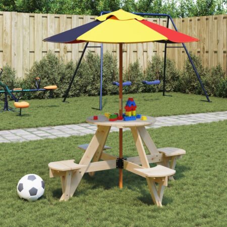 Picnicbord til 4 børn med parasol - rundt bord i massivt grantræ