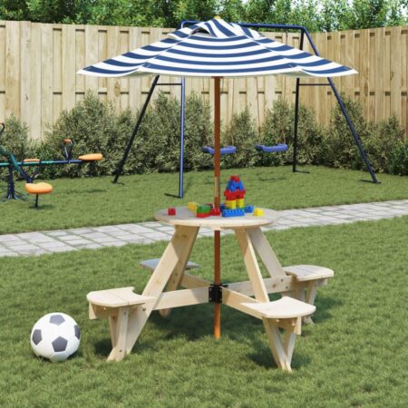 Picnicbord til 4 børn med parasol - rundt bord i massivt træ, blå/hvid